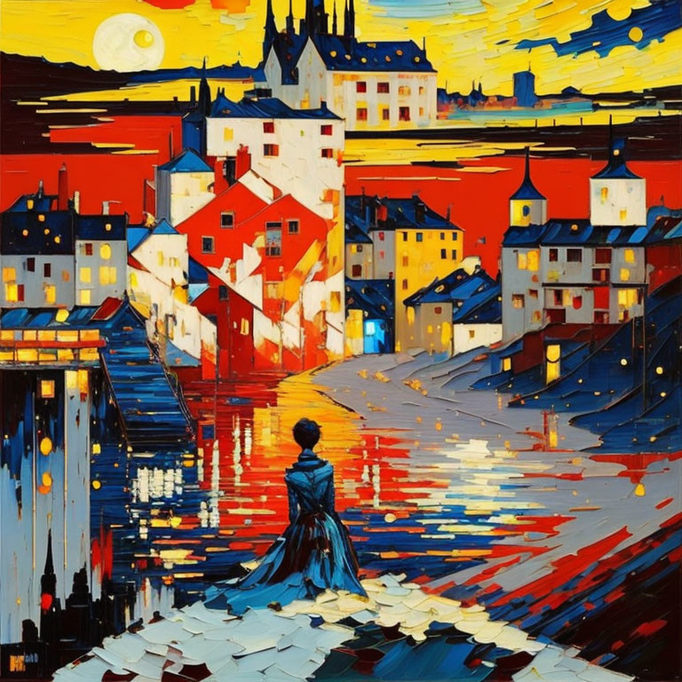Colorful expressionist painting: Person in blue dress, cityscape with castle under yellow moon