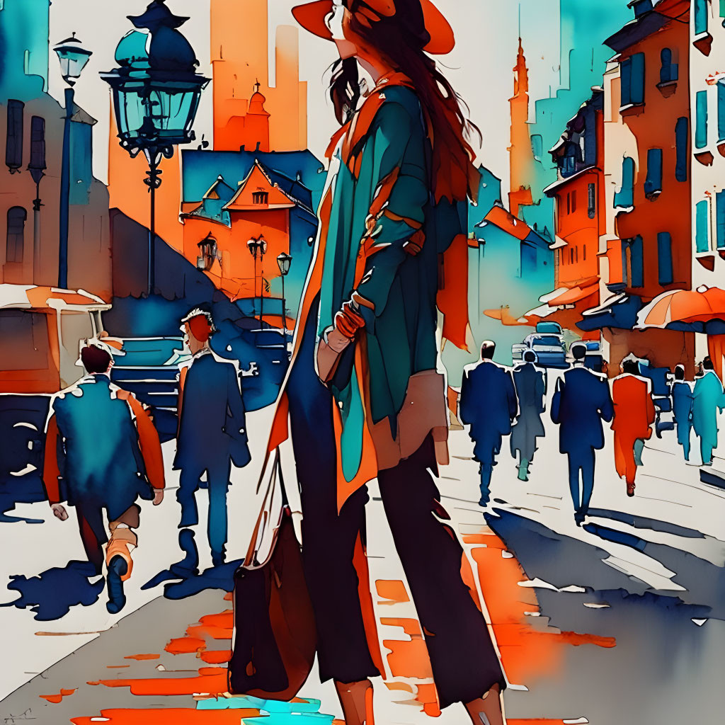 Fashionable individual in bustling city street with vibrant colors and pedestrians