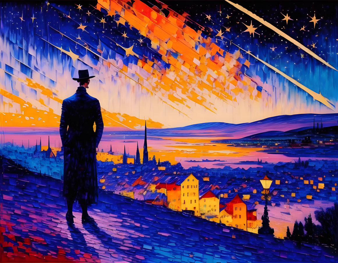 Silhouette of person on hill overlooking colorful town under starry sky