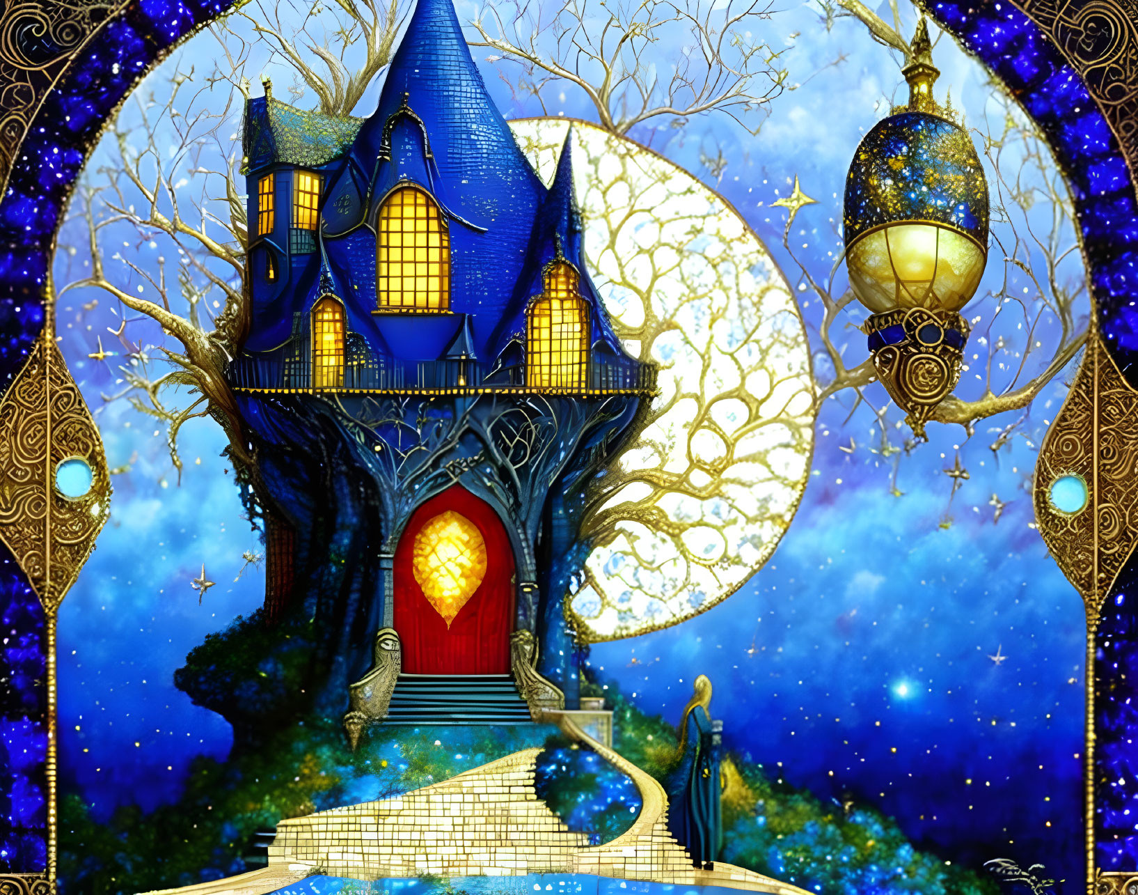 Vibrant blue fantasy house on tree with person and lantern under full moon