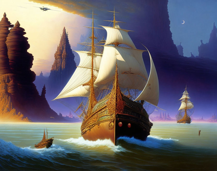 Majestic sailing ships on golden sea with soaring rock formations