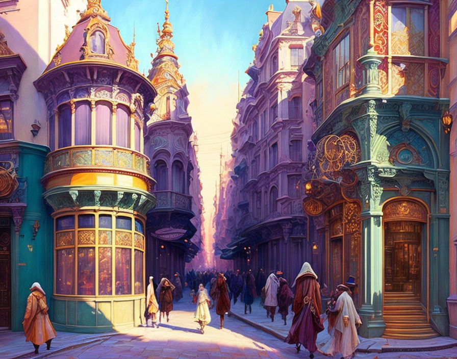 Colorful buildings and cloaked figures on a bustling fantasy street at dusk