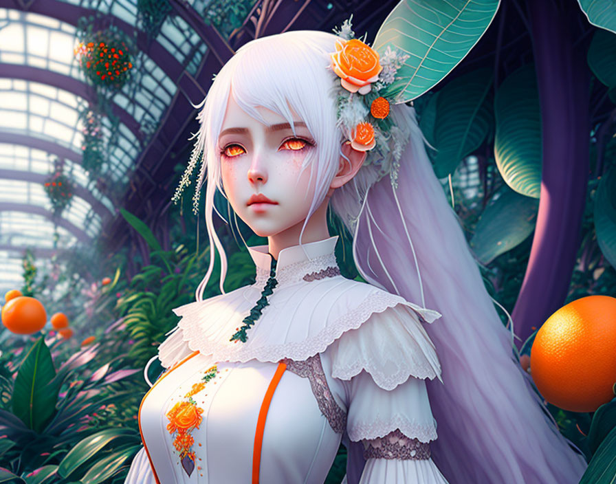 White-Haired Character with Red Eyes and Orange Flowers in Greenhouse