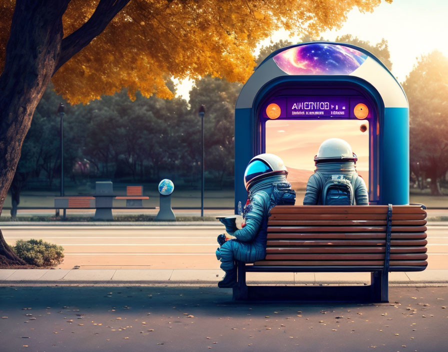 Astronauts at futuristic bus stop with autumnal setting and hovering orb