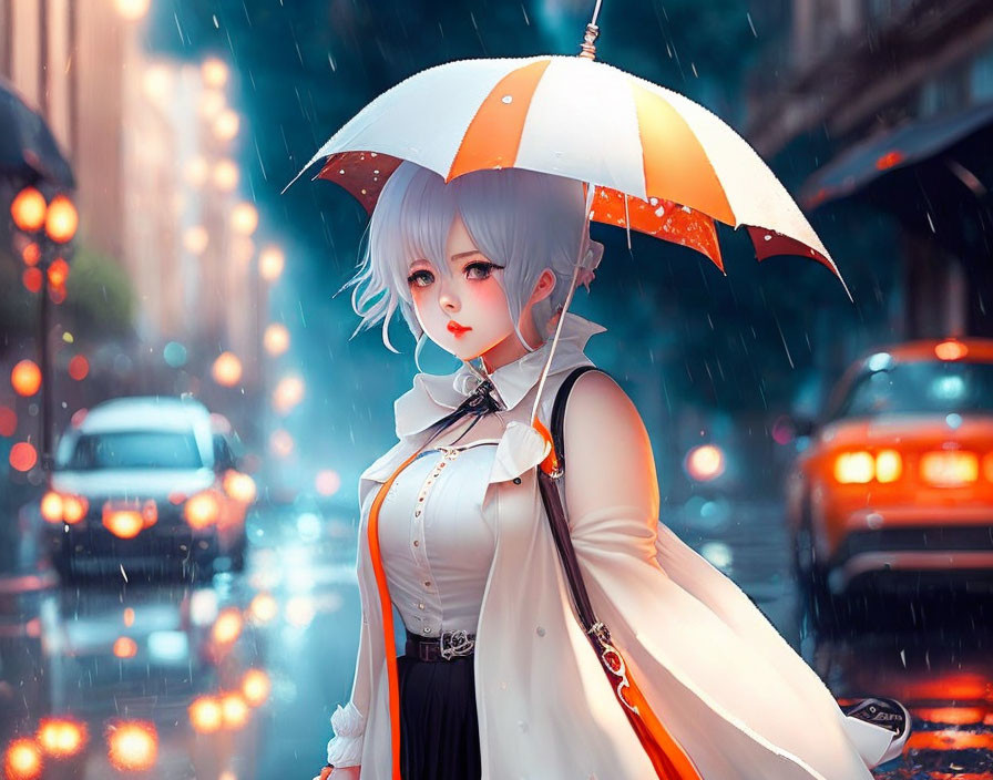 Anime-style digital artwork: Silver-haired girl with umbrella on rainy city street