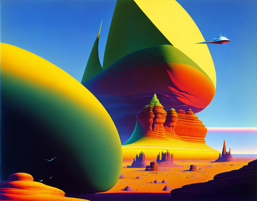 Vibrant surreal landscape with layered rock formations and futuristic flying vehicle