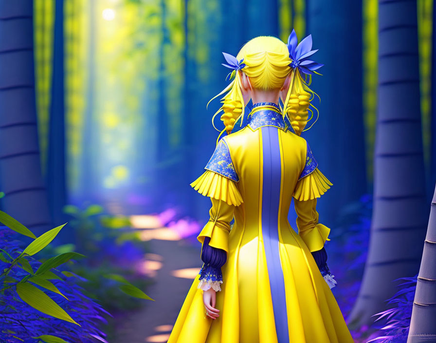 Girl in Vibrant Yellow Dress Standing in Mystical Bamboo Forest
