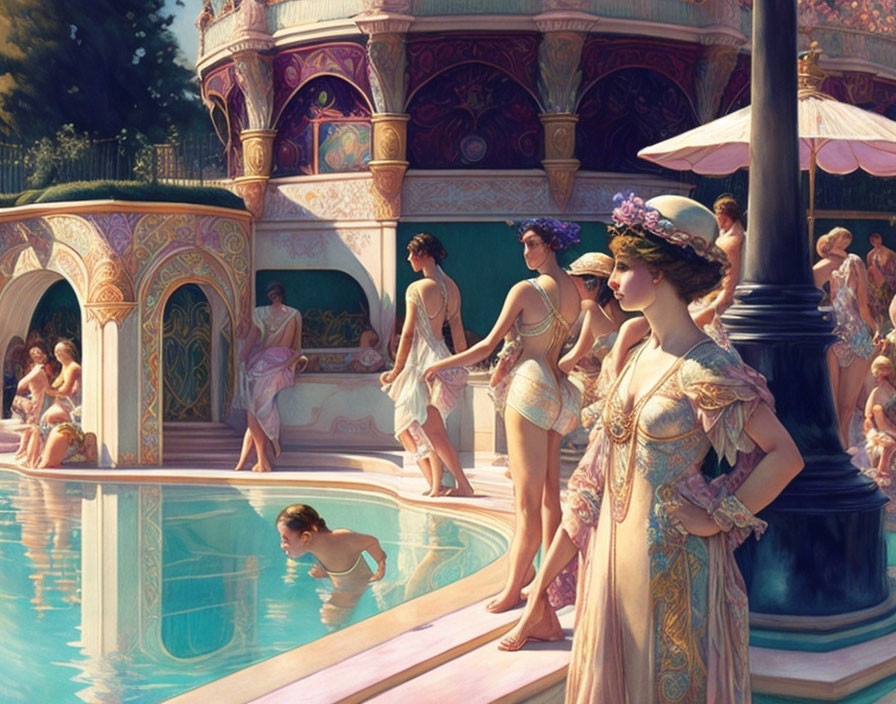 Vintage Attire Gathering by Ornate Poolside in Pastel Setting