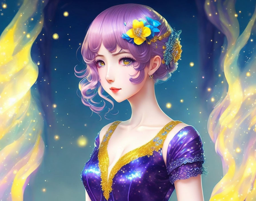 Digital illustration of elegant female with purple hair and big eyes in sparkly dress, adorned with yellow flowers