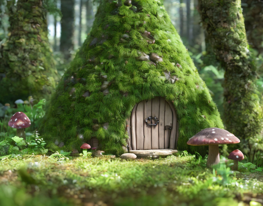 Enchanted moss-covered cottage in lush forest with mushrooms