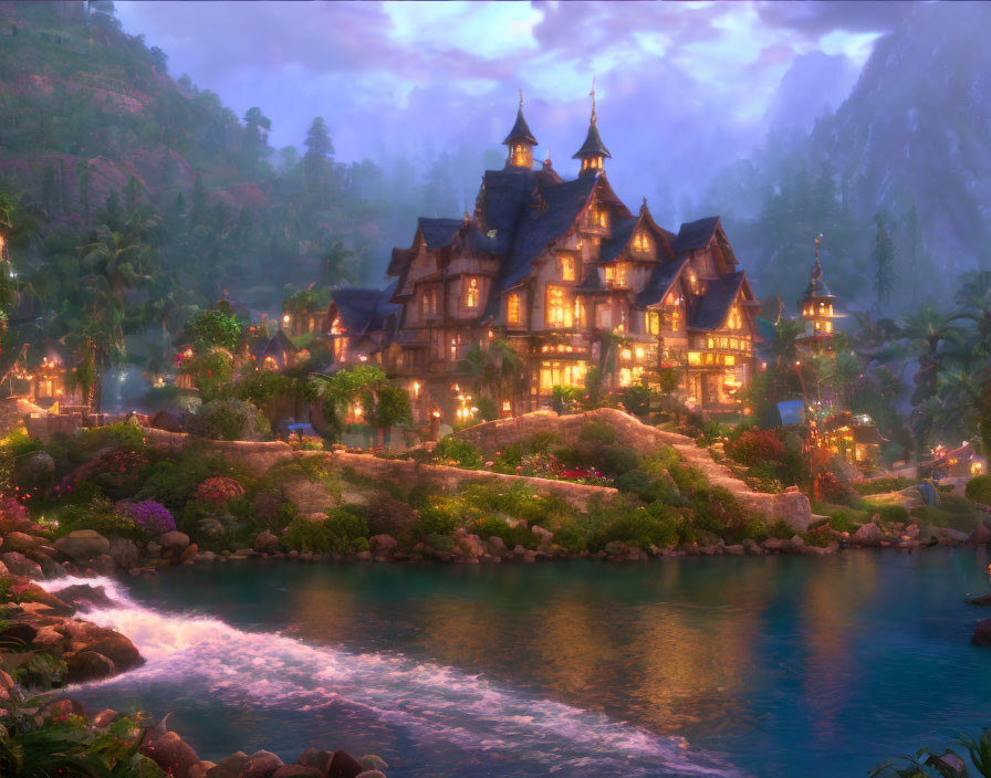 Twilight fairytale village with majestic illuminated buildings