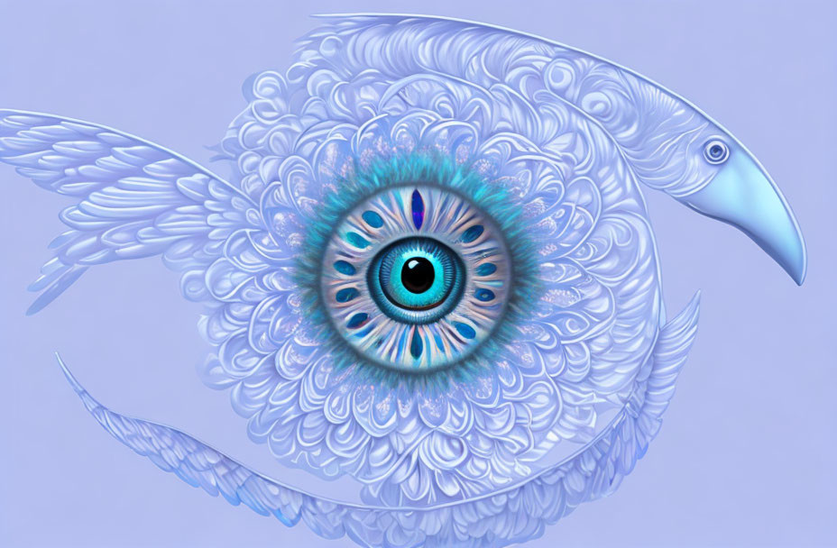 Surreal bird illustration with intricate feather pattern and human eye.