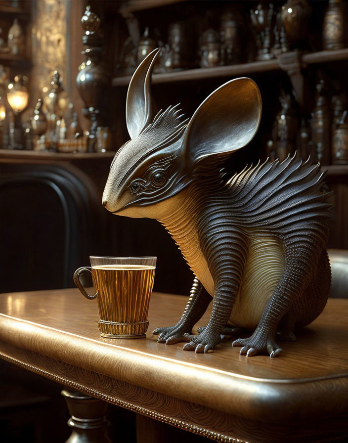 Fantastical bat-pangolin hybrid creature with large ears and layered scales next to a coffee cup