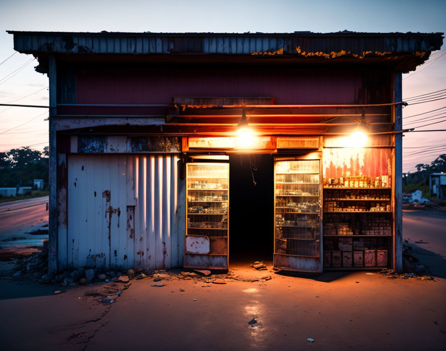 Rustic storefront with illuminated refrigerators at dusk