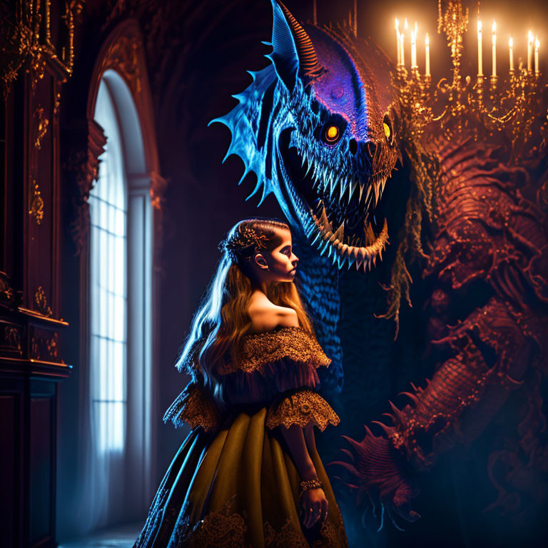 Woman in elegant dress with menacing dragon in gothic, candlelit room