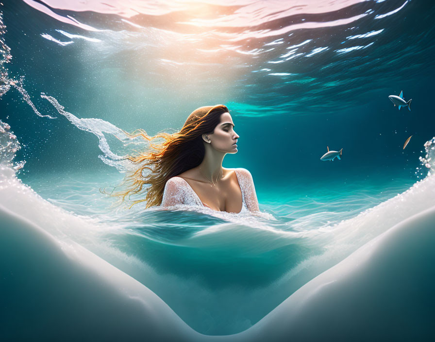 Woman peacefully submerged in water with flowing hair among serene underwater scene.