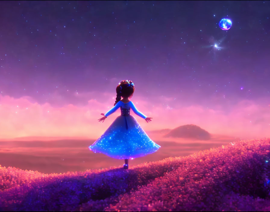 Girl in Blue Dress Reaching for Luminous Orb in Flower Field