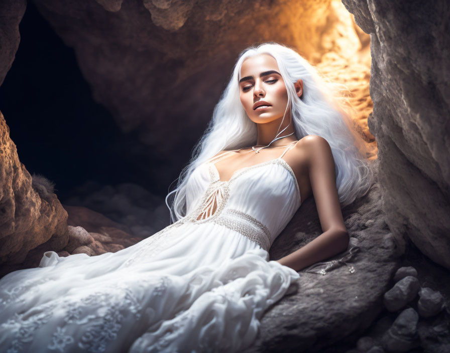 White-haired woman in white dress lying in rocky crevice with sunlight.