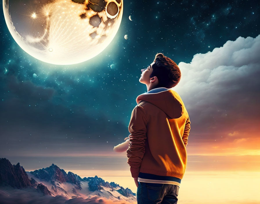 Person in hoodie gazes at oversized celestial bodies in fantastical night sky
