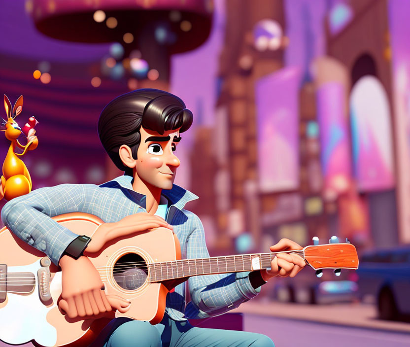 Stylized animated character playing guitar in vibrant city scene