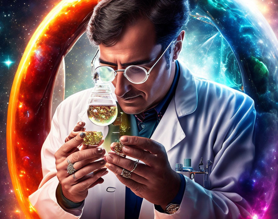 Scientist with glasses examines vial in cosmic setting with portal and sparkling substances