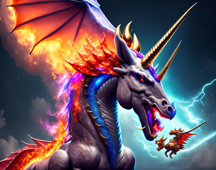 Mythical dragon-unicorn creature with fiery wings and lightning.