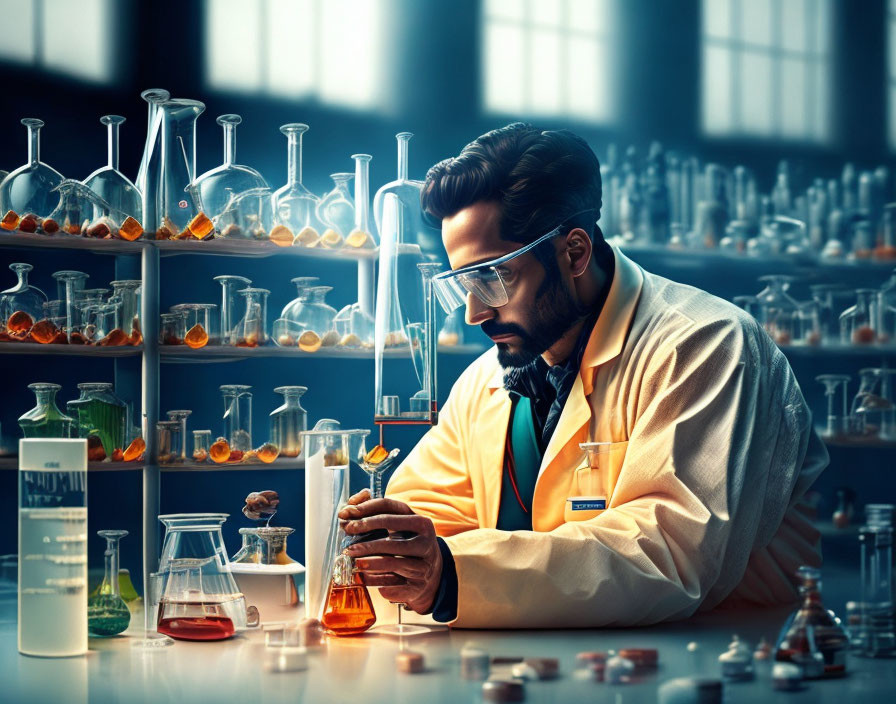 Scientist in lab coat examines chemical in dimly-lit lab