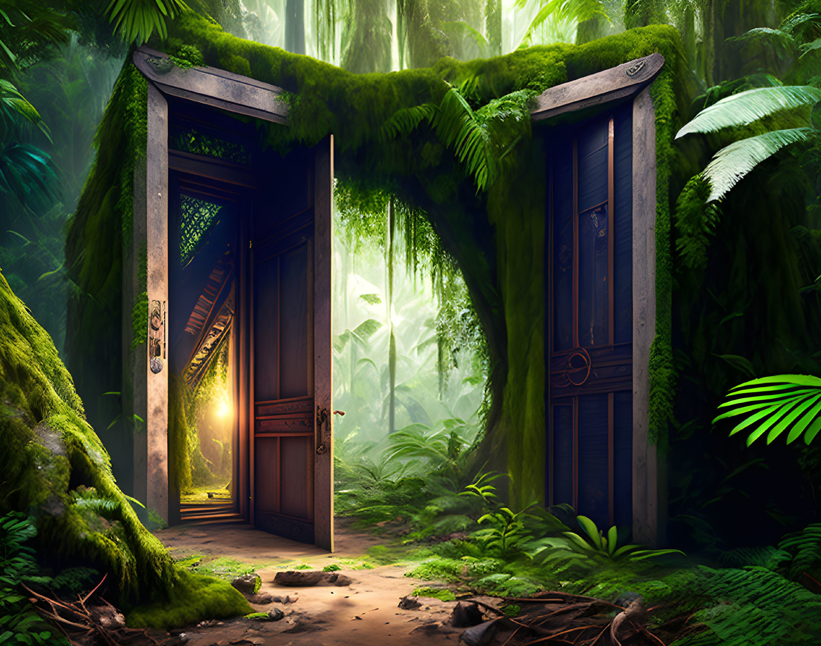 Sunlit forest scene with open wooden door