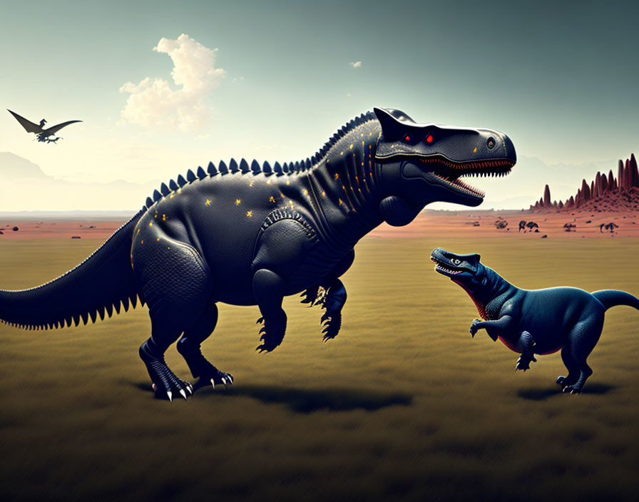 Animated dinosaurs in desert landscape with bird and mountains