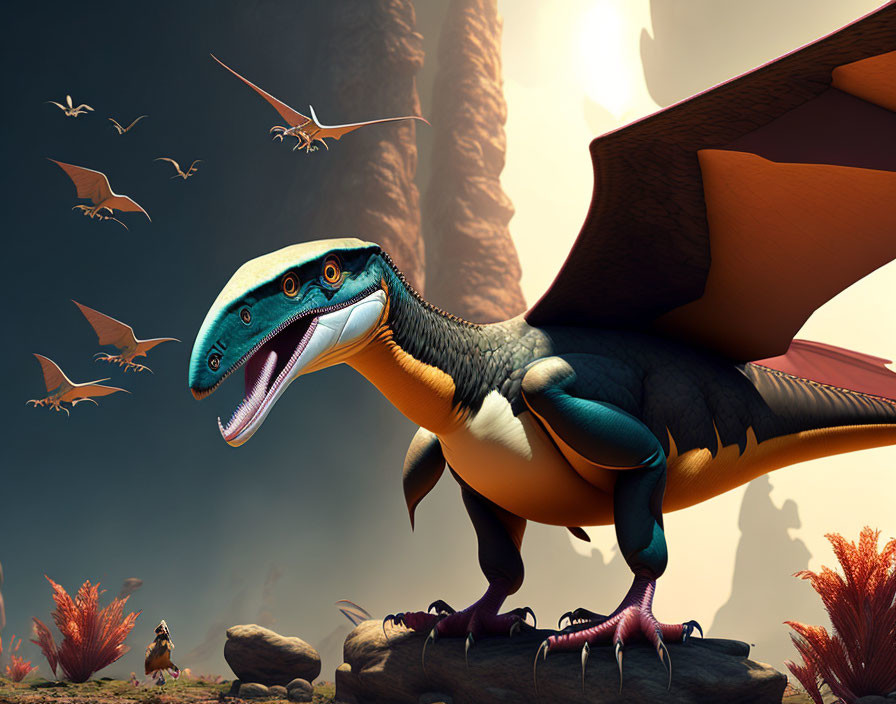 Colorful Winged Dinosaur in Prehistoric Landscape with Flying Creatures