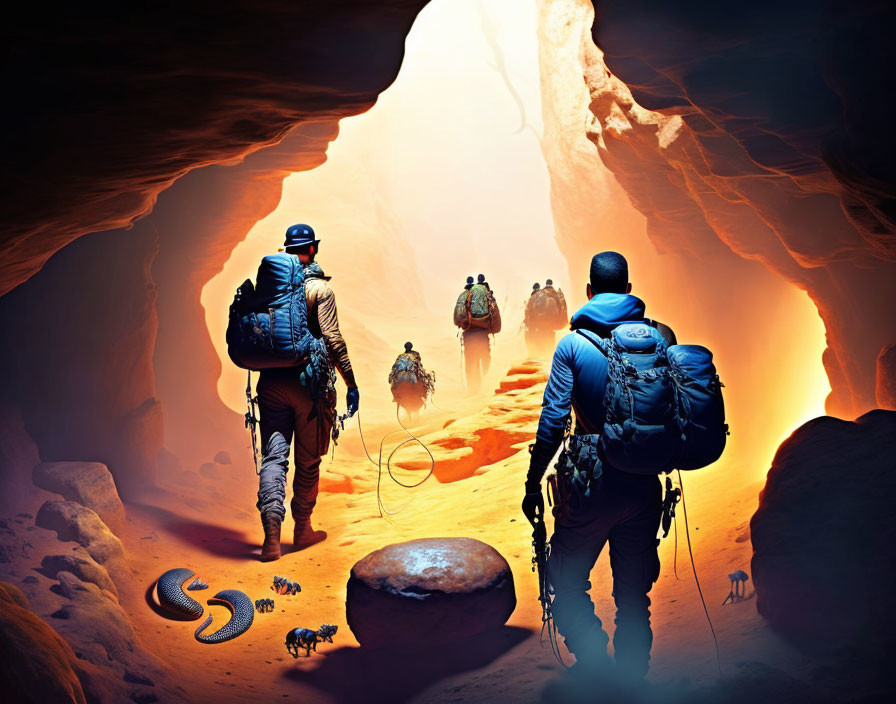 Hikers with backpacks in orange-lit cave with snake