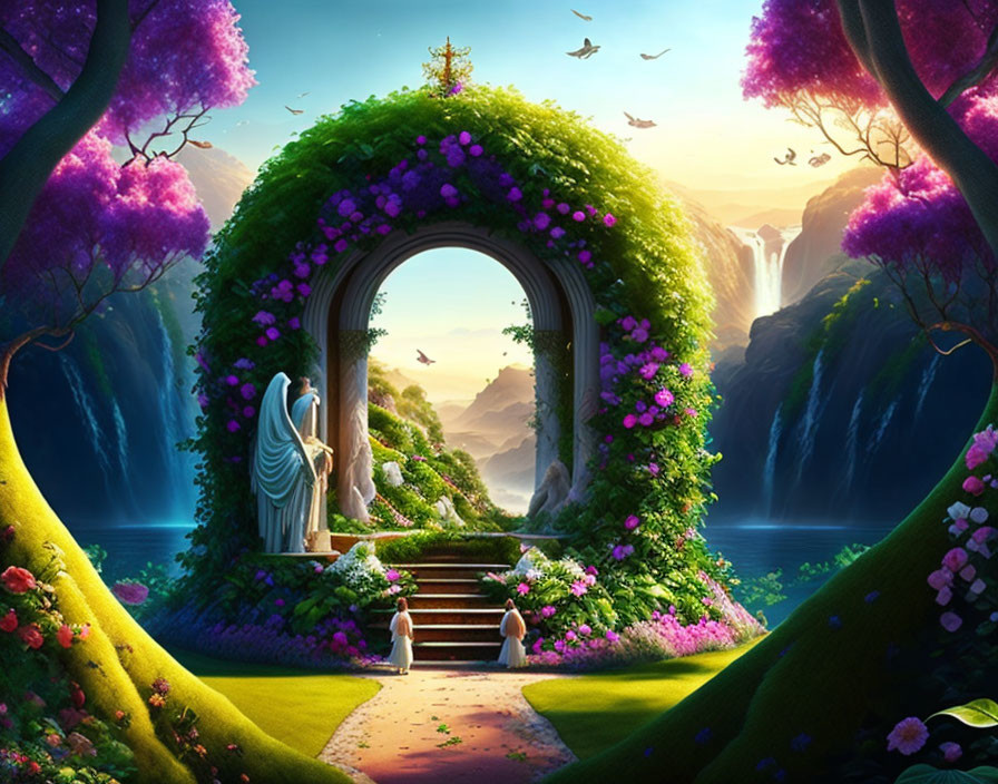 Fantasy landscape with floral archway, waterfalls, robed figure, rabbits, and colorful nature