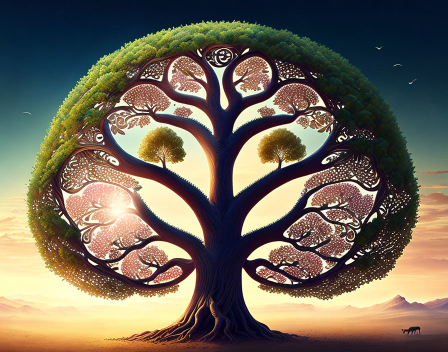 Surreal tree illustration with circular branches at sunset
