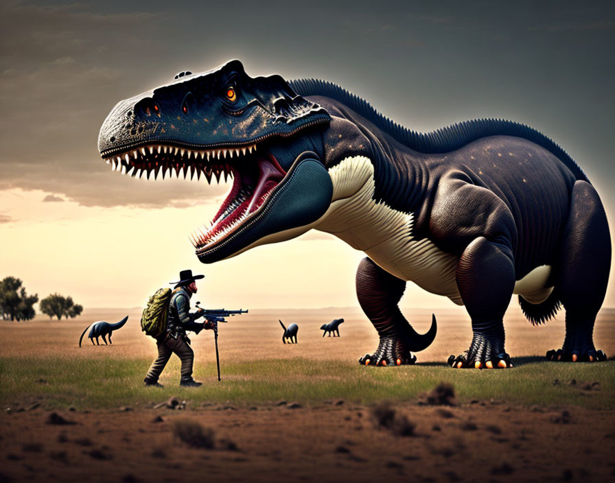 Safari person with gun faces Tyrannosaurus rex and small dinosaurs in grassland