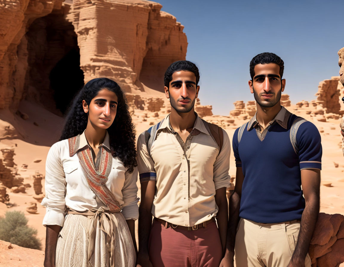 Three people in desert with rocky formations, blue sky, and casual clothing