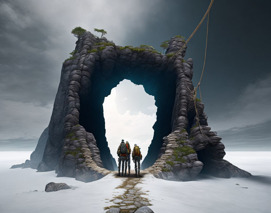 Hikers at natural stone archway with rope bridge in misty setting
