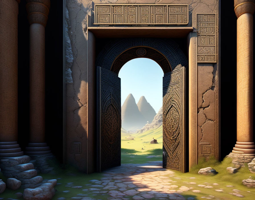 Ornate stone door in desert landscape with pyramids under clear sky