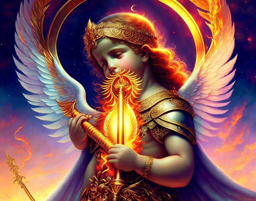 Celestial scene: angelic figure with white wings and fiery sword