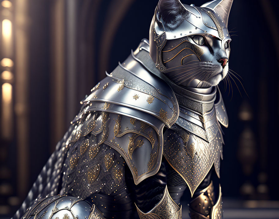 Elaborately armored cat in medieval knight attire within ornate hall