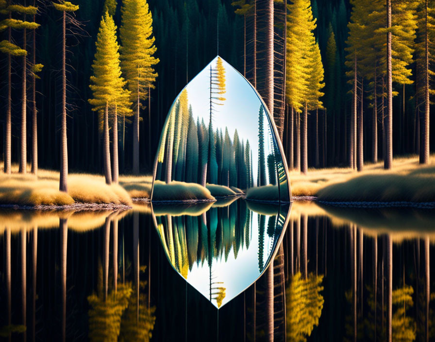Autumnal forest and lake reflected in diamond shape