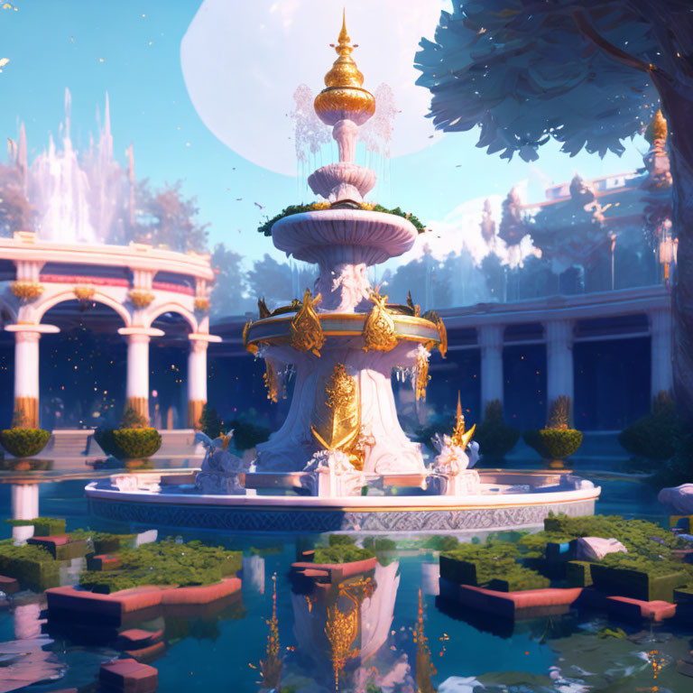 Golden-accented ornate fountain in fantastical garden with classical architecture