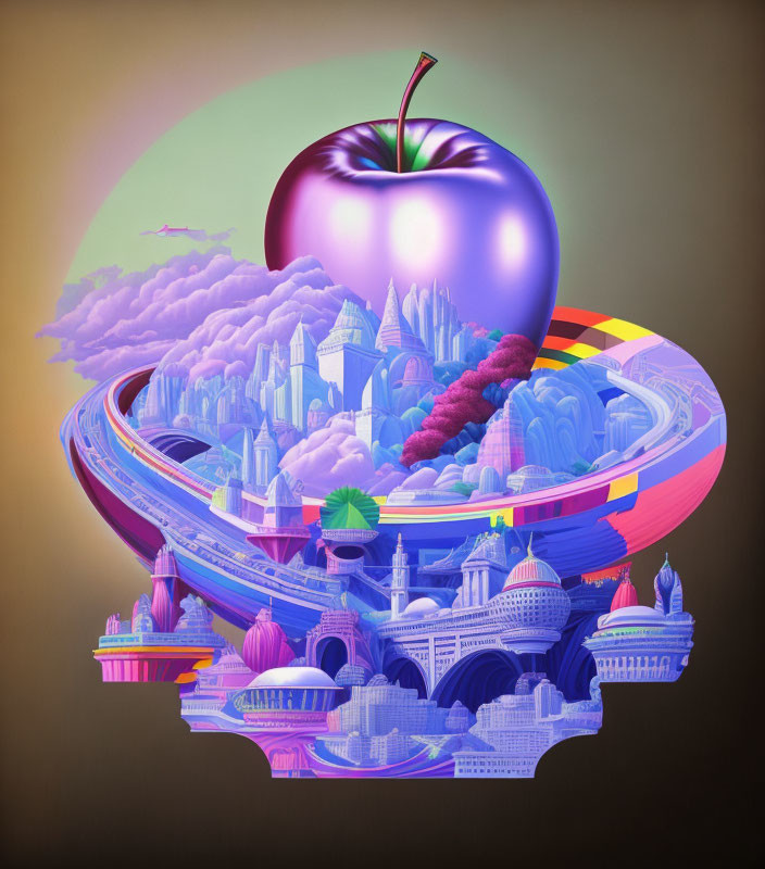 Surreal illustration of apple on vibrant cityscape with intricate architecture.