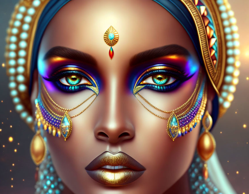 Vibrant digital portrait of a woman with striking blue eyes and ornate jewelry