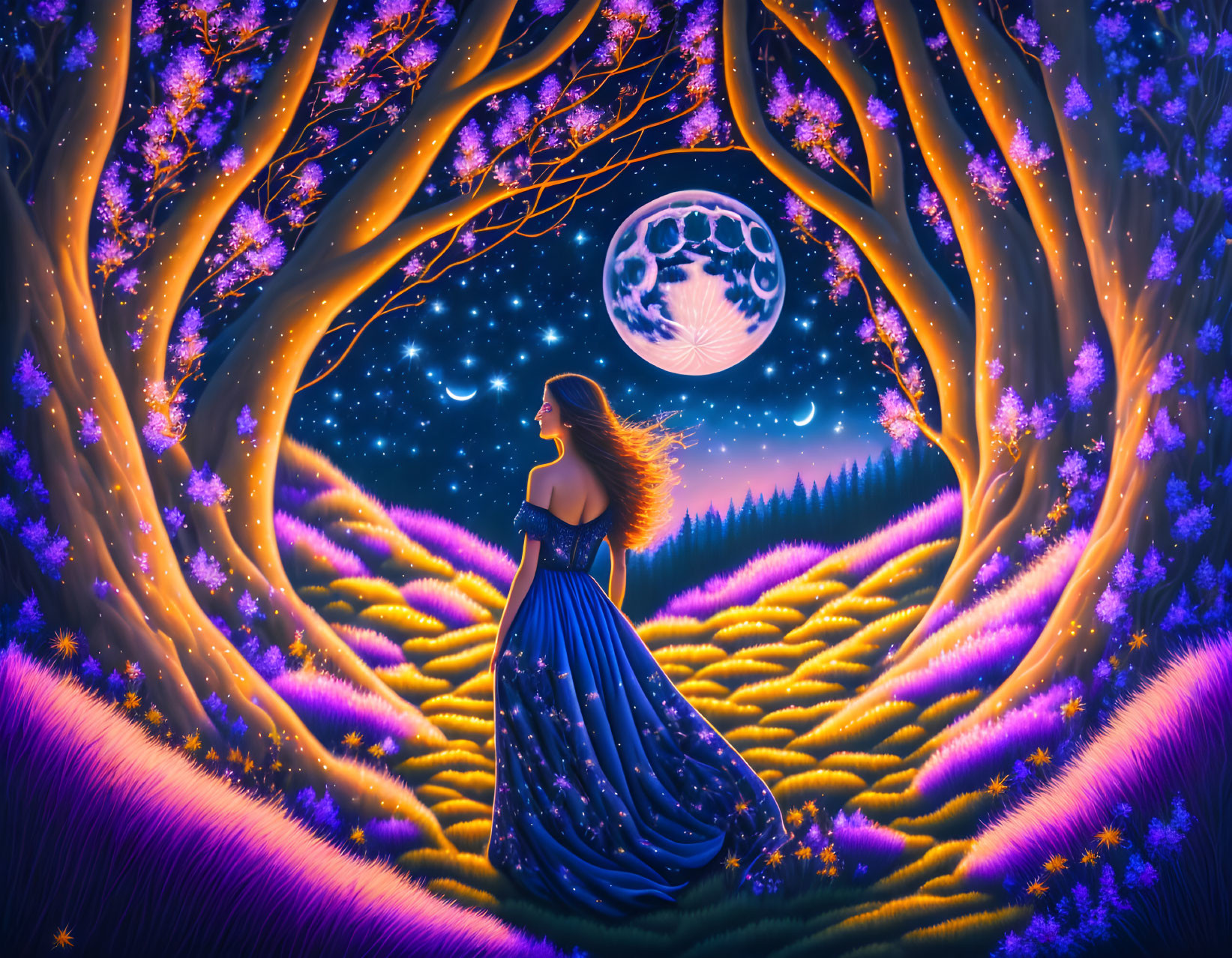 Woman in Blue on a Moonlight Night