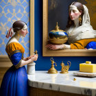 Woman in Blue Dress with Golden Vessel and Mirror Reflection
