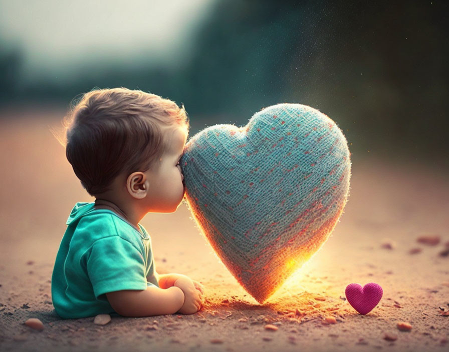 Toddler in teal shirt with large glowing knitted heart on dusty road