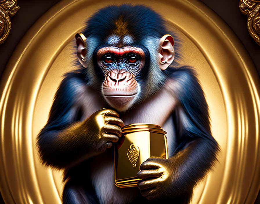 Vibrant blue monkey with golden can on ornate background