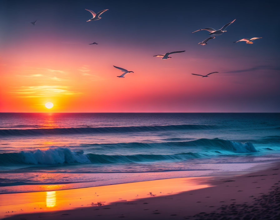 Tranquil sunset beach scene with vibrant sky hues and silhouetted birds