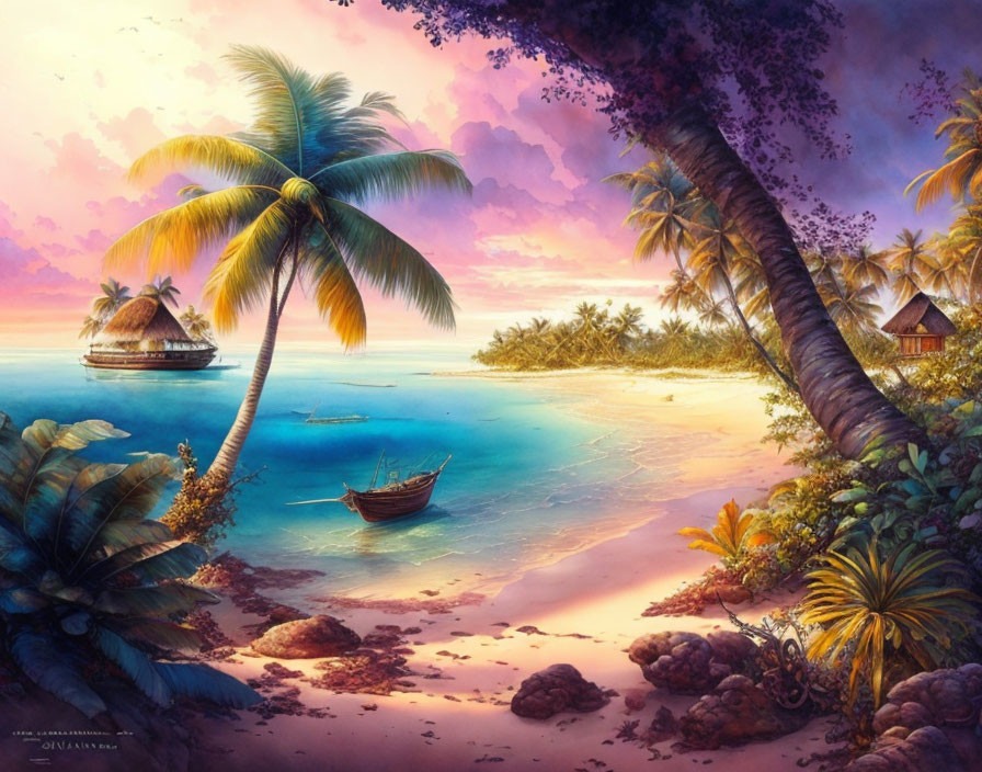Tropical beach sunset with boat, palm trees, huts, and pink sky