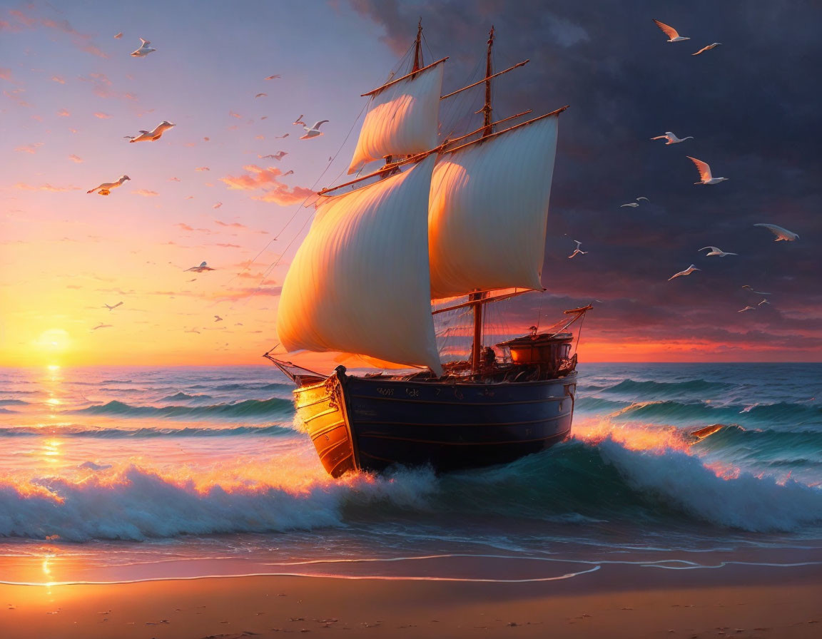 Sailing ship with billowing sails on ocean waves at sunrise surrounded by flying seagulls